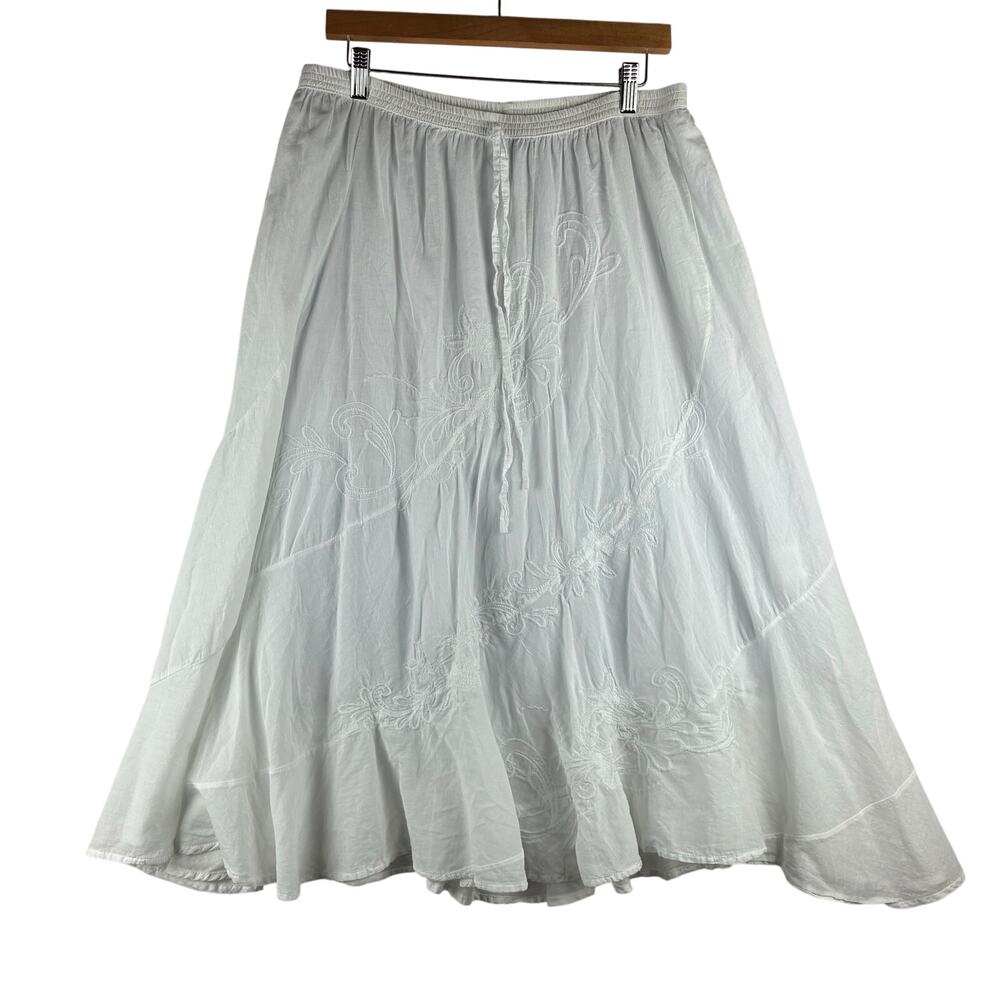 Metrowear Midi Skirt Women’s XXL Cottage Embroidered White Drawstring Lagenlook